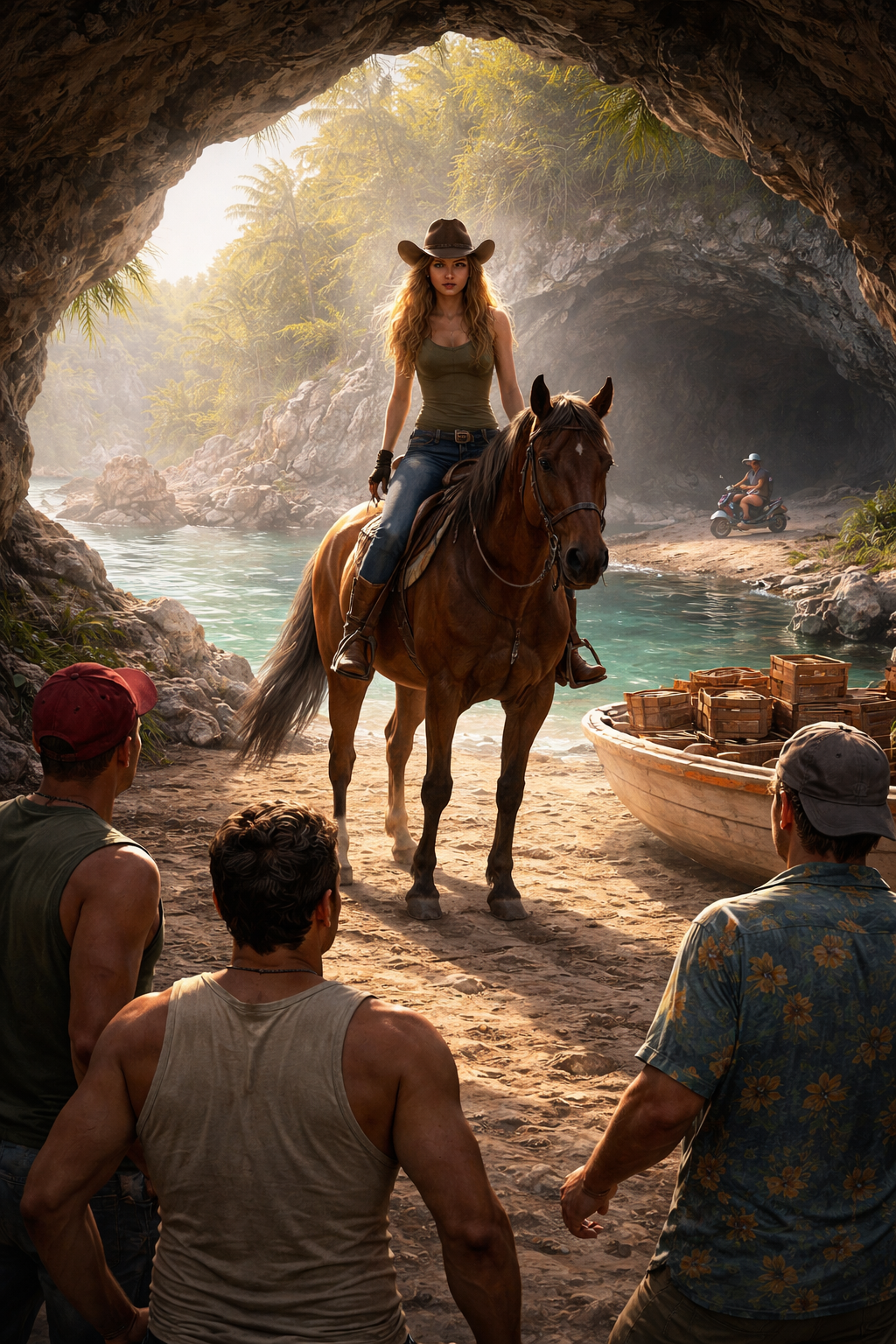 cassidy at horse blocking smuggler and tao in background on scooter arriving