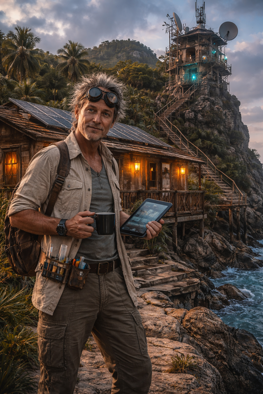 crazy scientist in front of his new house