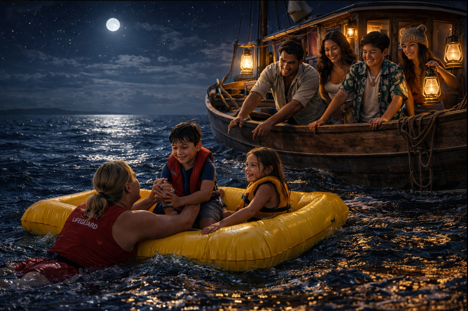 Denise and kids get onboard safed by Kanoa family