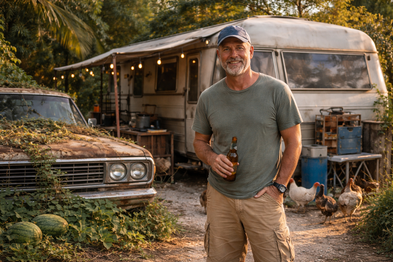 switch in front of his settled caravan