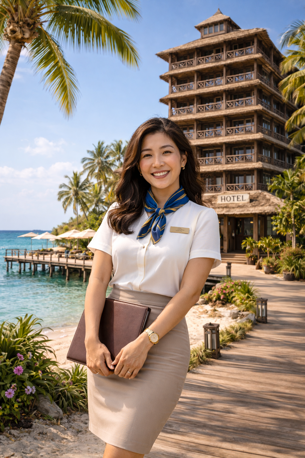 mei-lin chen in front of wooden hotel