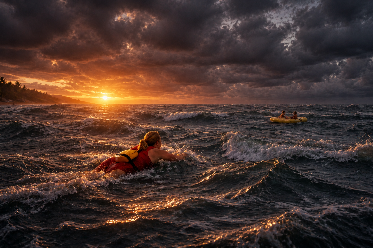denise trying to save kids drifting on rubberboat to outer sea