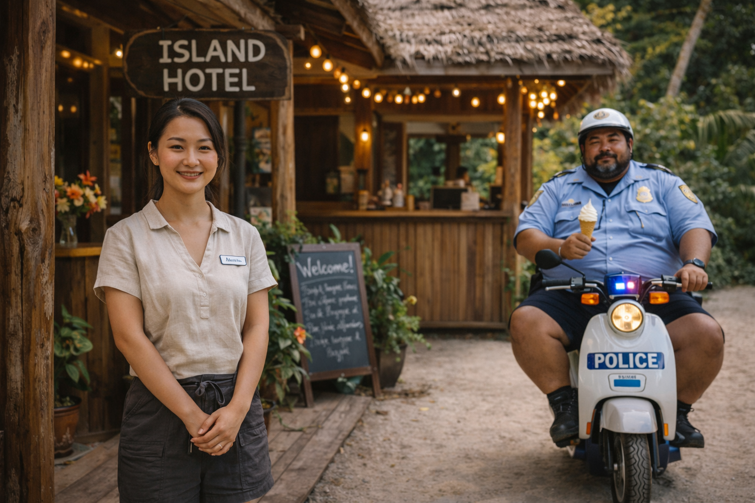 mei-lin chen and tao in front of wooden hotel