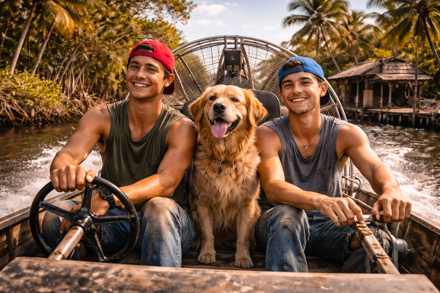red and blue and dog on swampboat