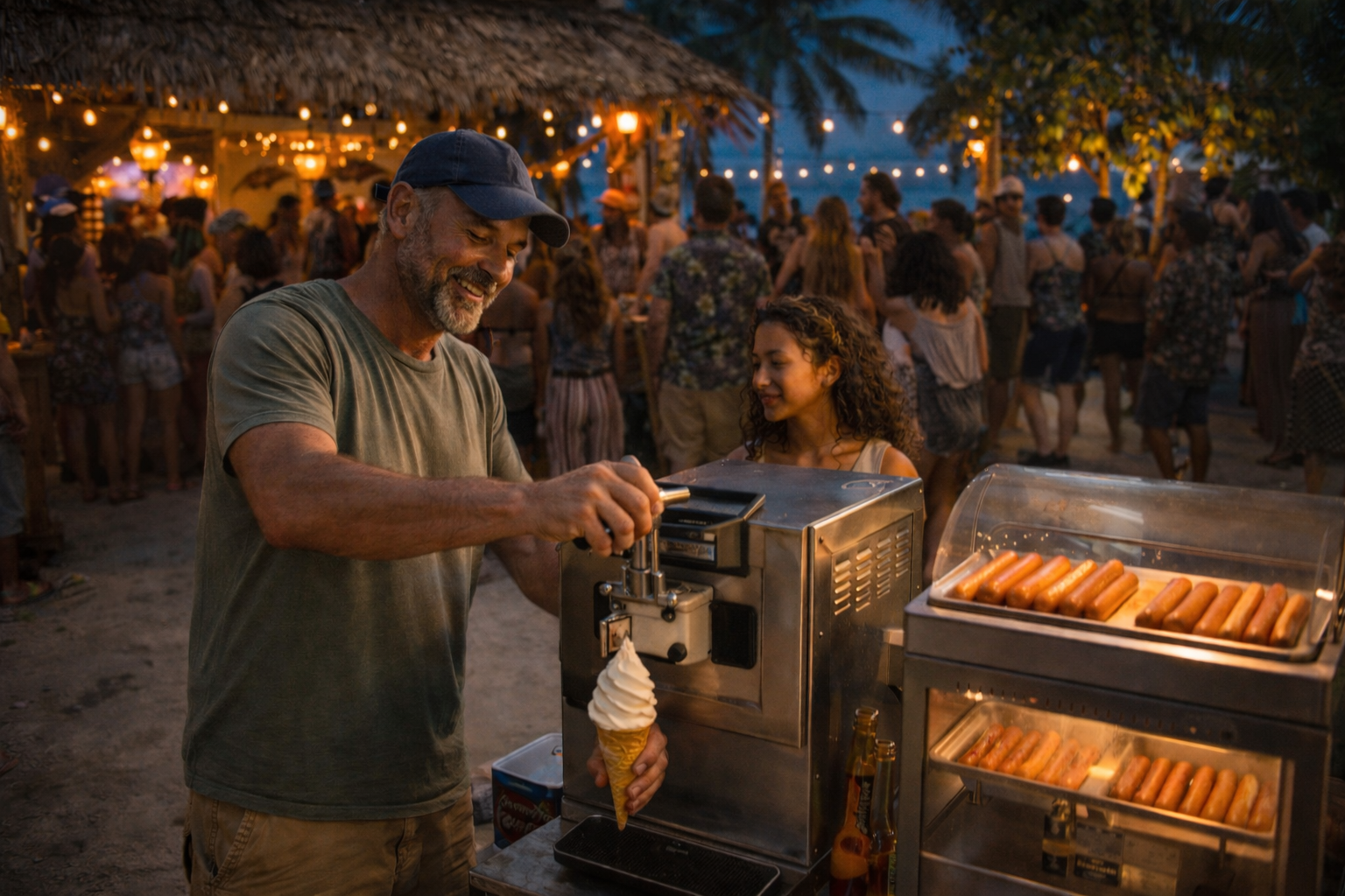 switch selling icecream and hotdogs with his machines at tikibar